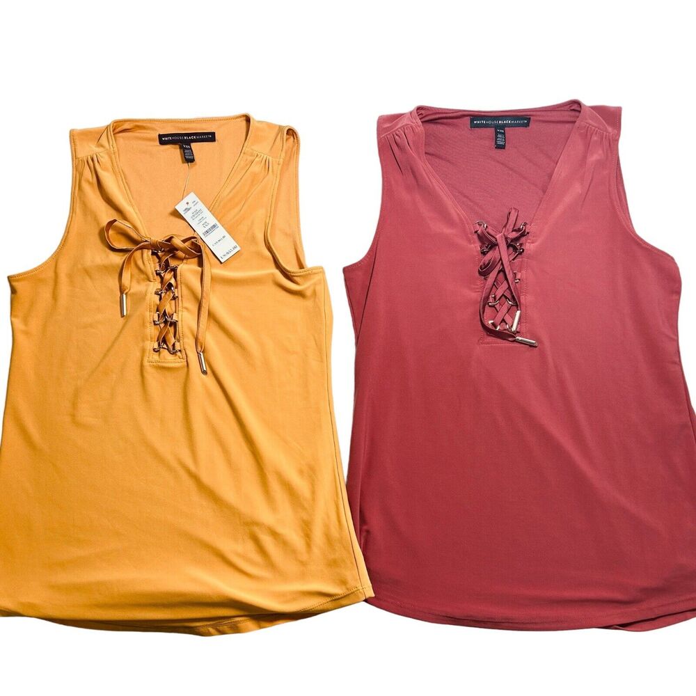 NWT White House Black Market Lace Up Sleeveless Top Lot 2 Mustard Rose Size XXS